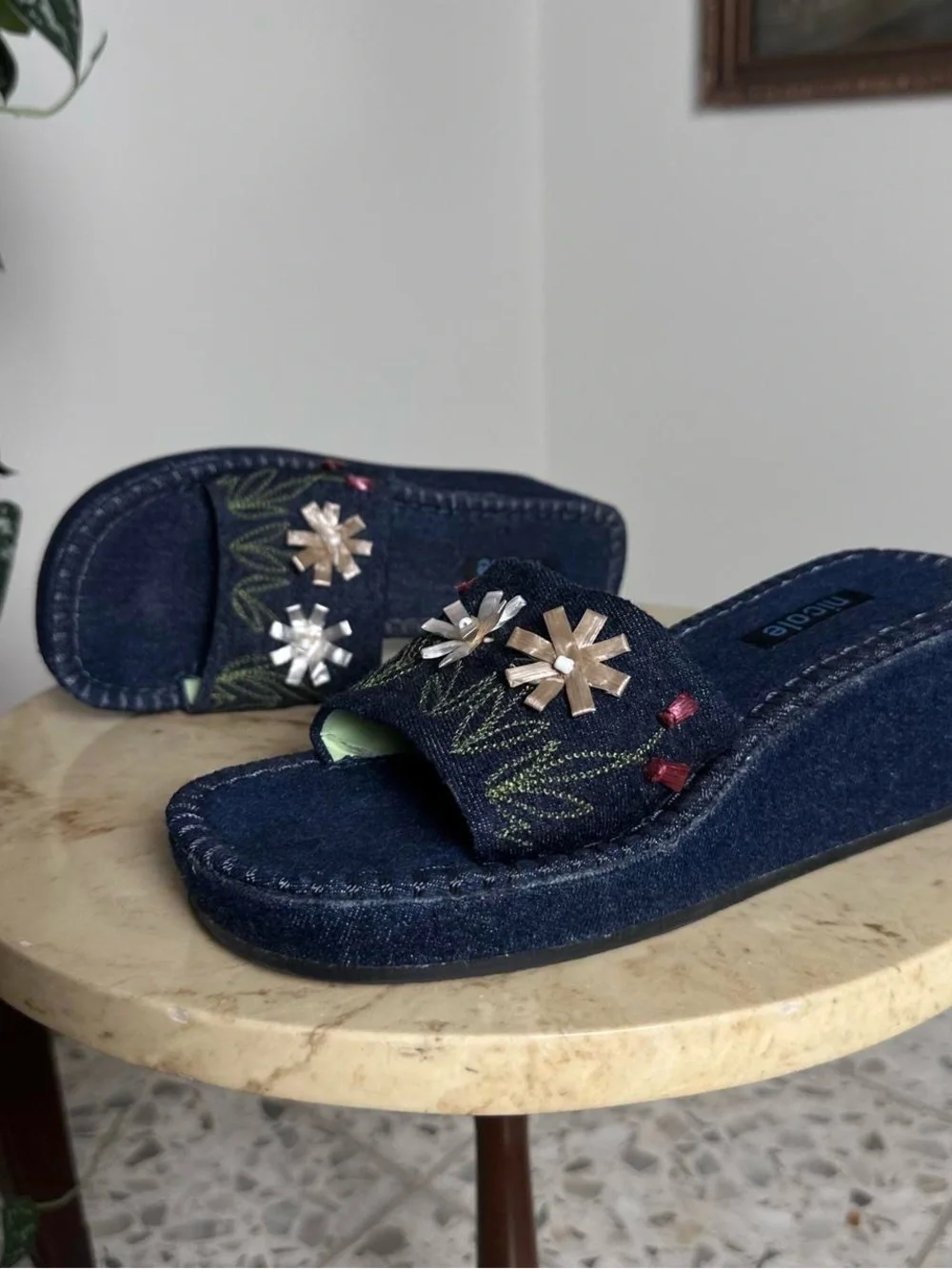Nicole Miller navy denim wedge sandals with embroidered floral design Size 8.5
